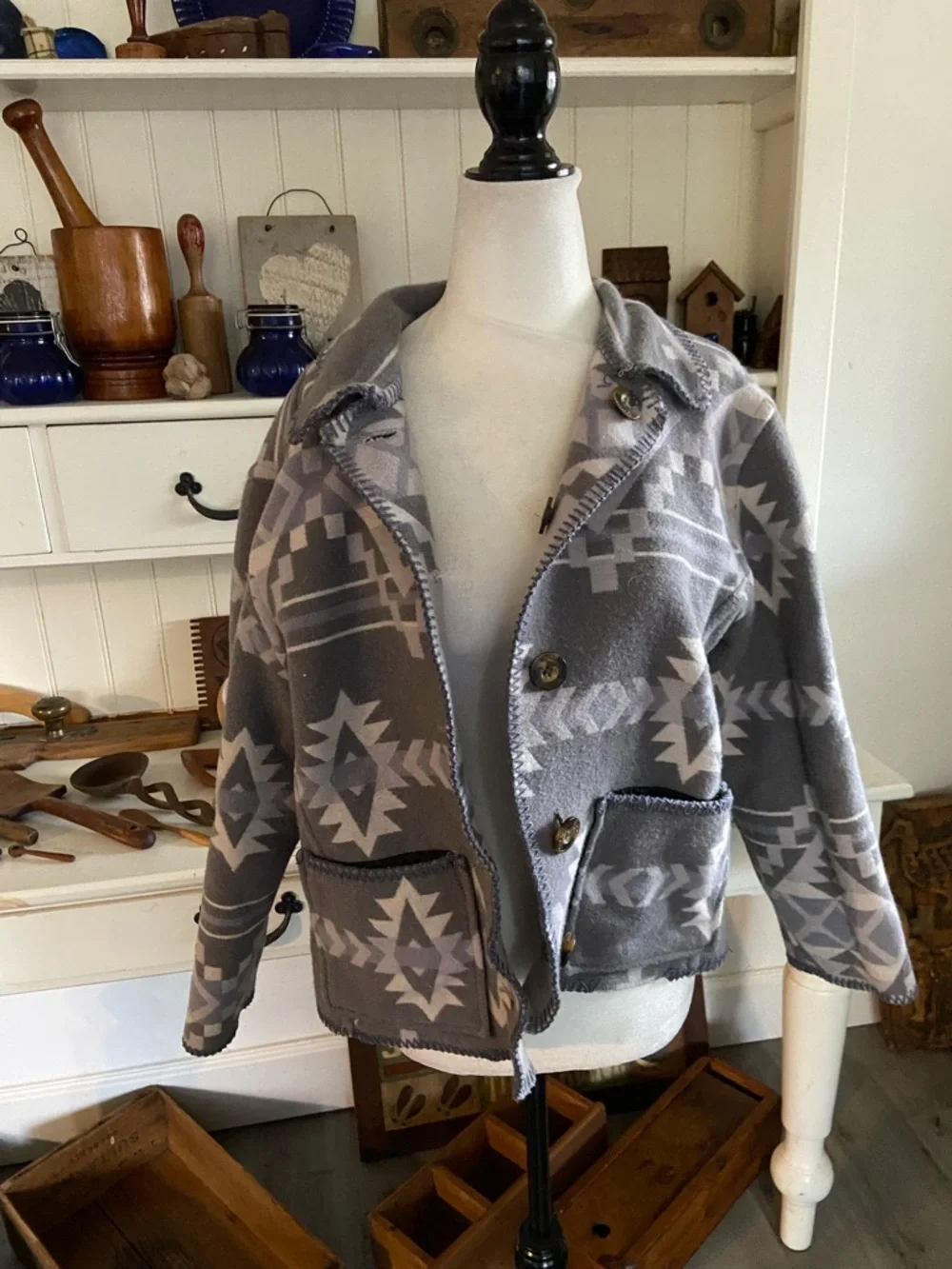 Womens Gray Geometric Button-Up Jacket - Picture 3 of 4